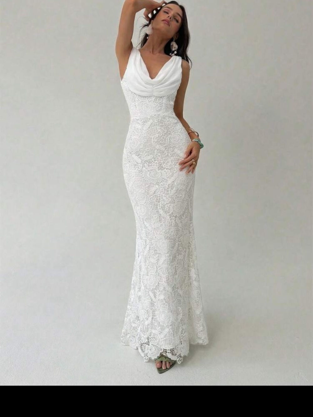 SHEIN White Lace Draped Cowl-Neck Maxi Dress